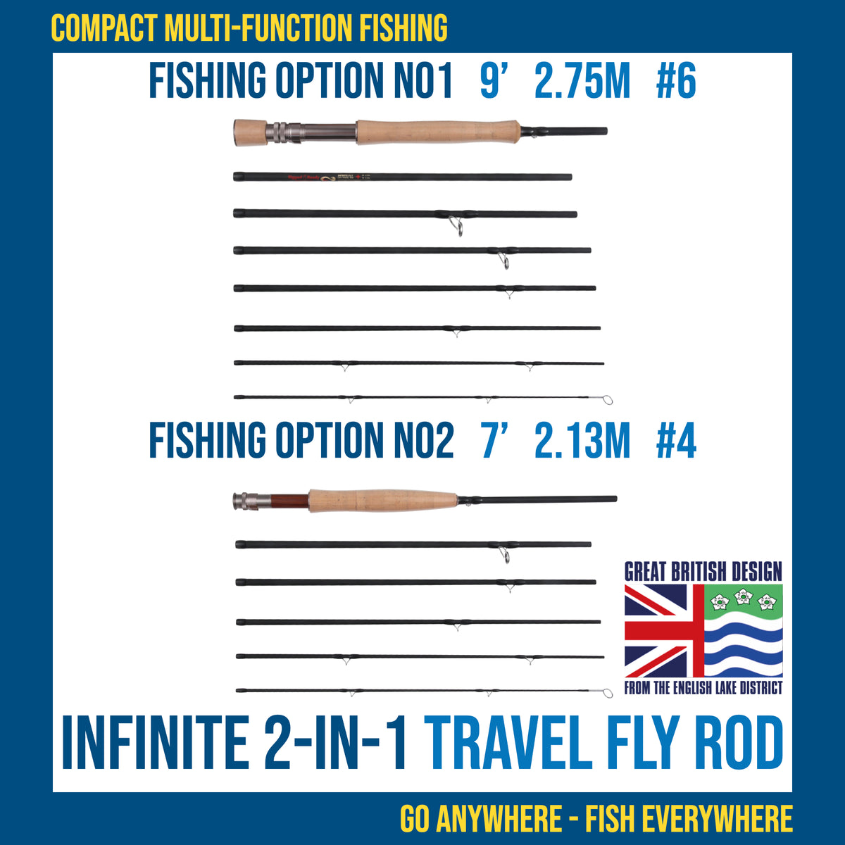 FLY 2-IN-1 Travel Fly Rod. 2 Handles. Hi-Modulus Carbon 8 Sections 9ft #6 + 7ft #4