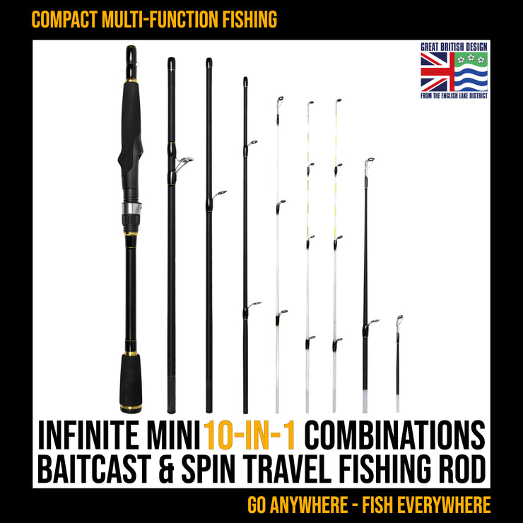 Infinite Mini. Spinning-Baitcast Travel Fishing Rod. (10-in-1) – Rigged and  Ready