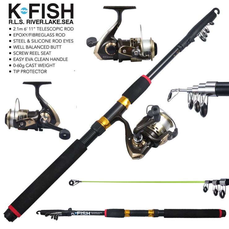 K-Fish Telescopic Fishing Rod Spinning Pole + Reel Combo + Line. 6’ 11”