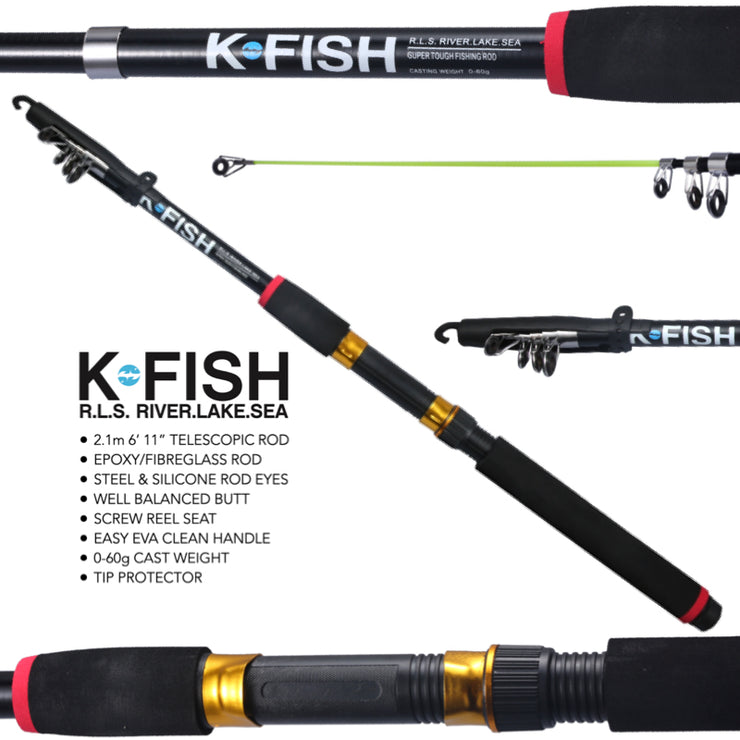 K-Fish Telescopic Fishing Rod Spinning Pole. 6' 11” (2.1m) tele rod ki –  Rigged and Ready