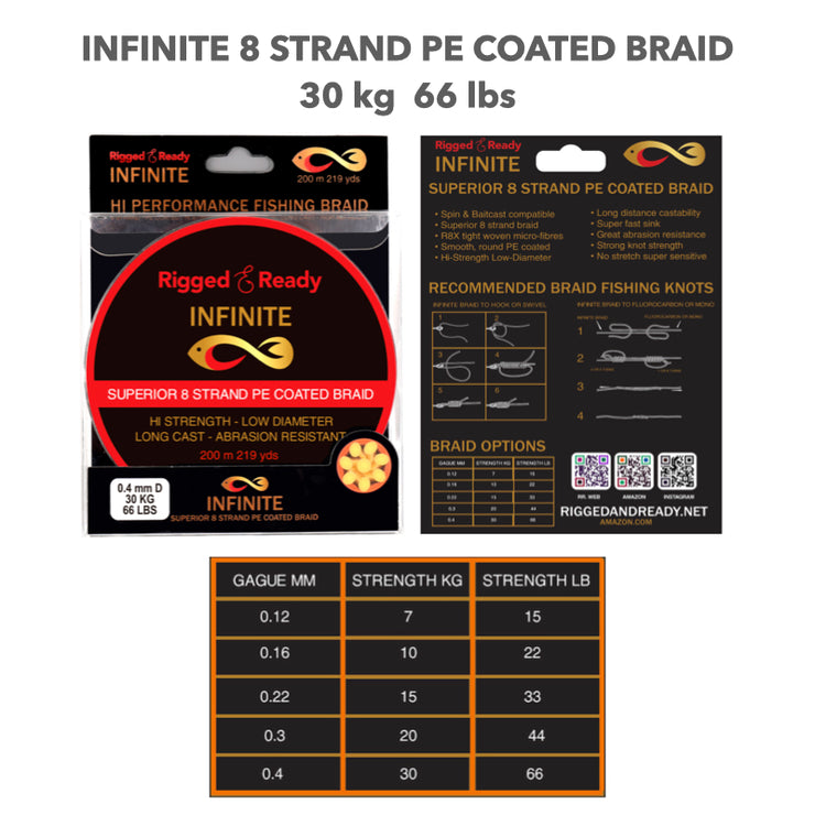 Infinite Braid 30 kg - 66 lb Hi-Performance Braided PE Line. 200 m 8 strand low diameter super strong