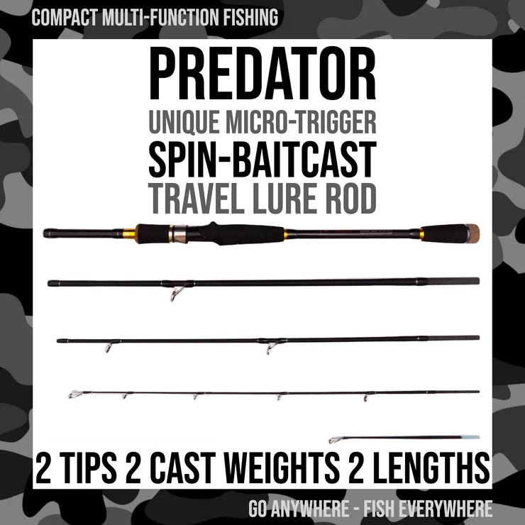 Predator Spin-Baitcast Unique Travel Fishing Rod 220+185cm rods. 2 Tips = 0-80g Cast Weights