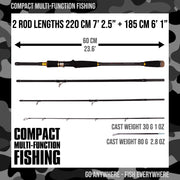Predator Spin-Baitcast Unique Travel Fishing Rod 220+185cm rods. 2 Tips = 0-80g Cast Weights