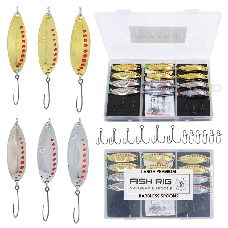 12 Large Premium Fishing Spoons Set Fish Rig 100% Barbless – Rigged and  Ready