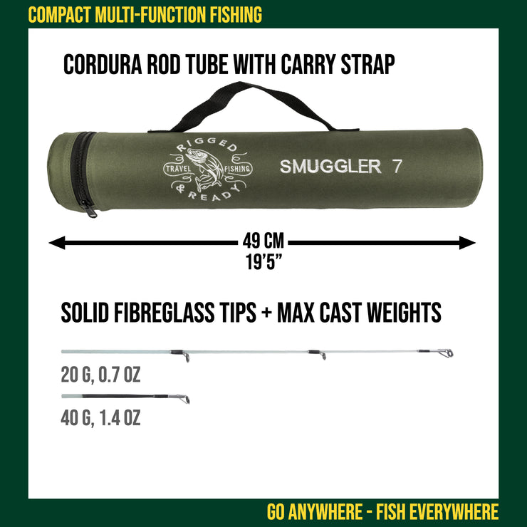 Smuggler 7 Powerful Compact Travel Rod +2 tips. 260+235cm fishing options