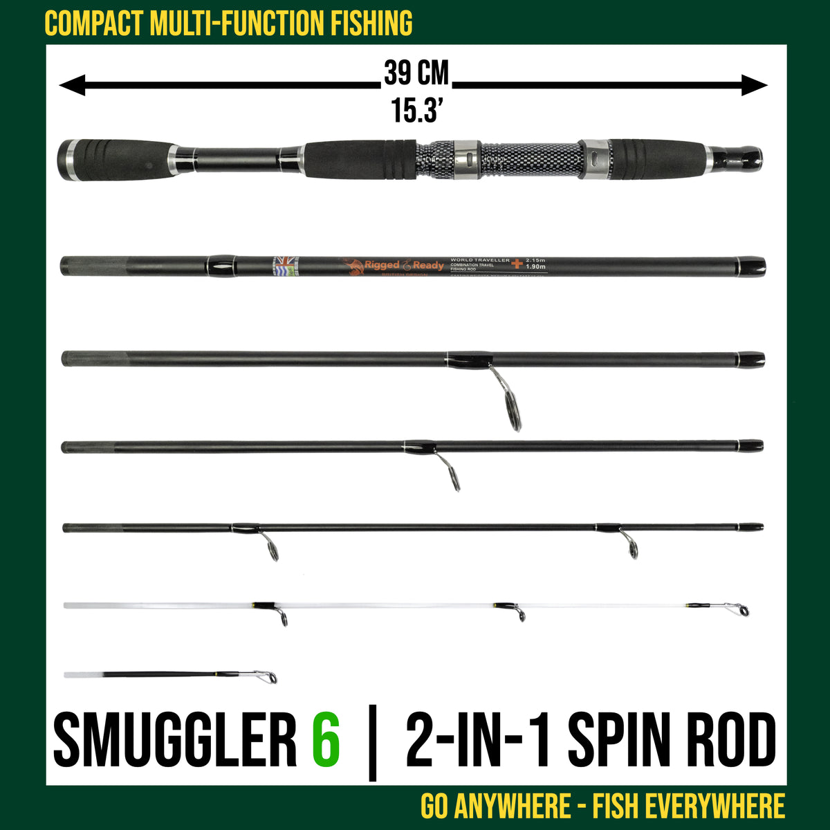 Smuggler 4 Kayak Compact Travel Spinning Rod - 4 tips, 3 lengths Max 1 –  Rigged and Ready