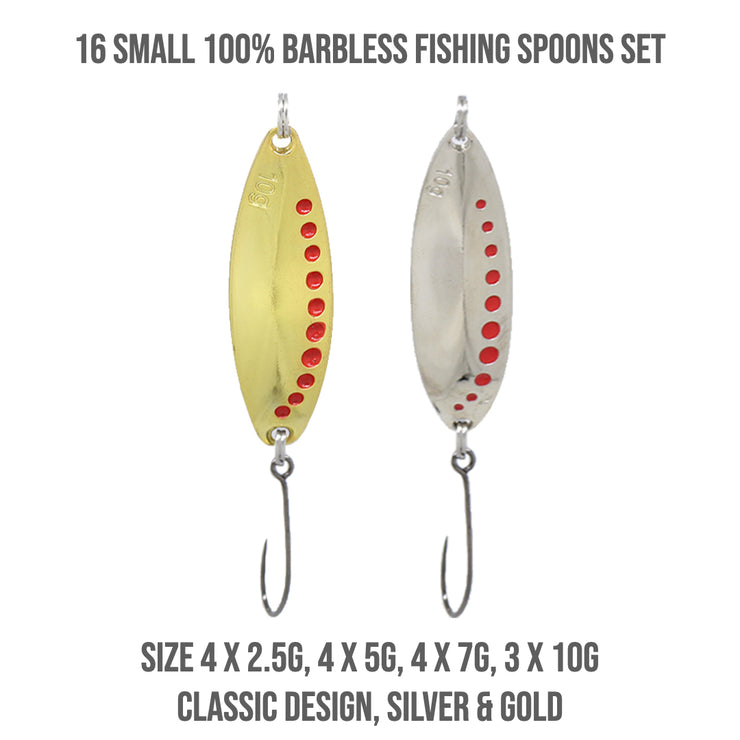 16 Small Premium Fishing Spoons Set Fish Rig 100% Barbless – Rigged and  Ready