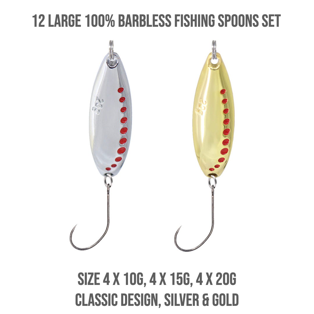 Fish Rig Barbless Spoons 12 Large Premium Fishing Spoons Set Fish Rig 100% Barbless
