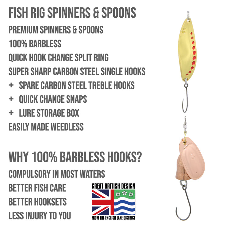 14 Small Premium Spinners & Spoons Set Fish Rig 100% Barbless – Rigged and  Ready